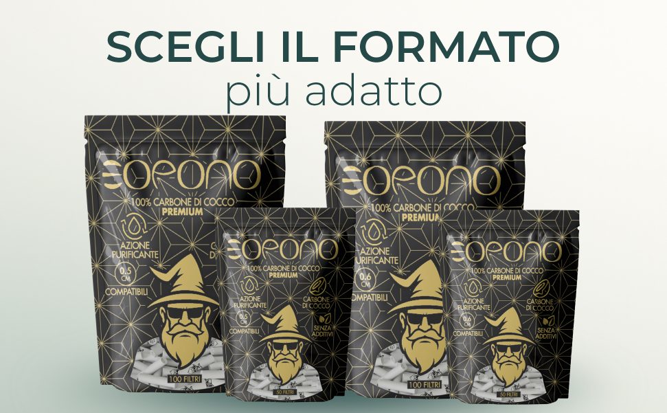 Quattro formati di filtri in carbone di cocco attivo Eopono: diametro 5 e 6 mm in buste da 50 e 100 pezzi